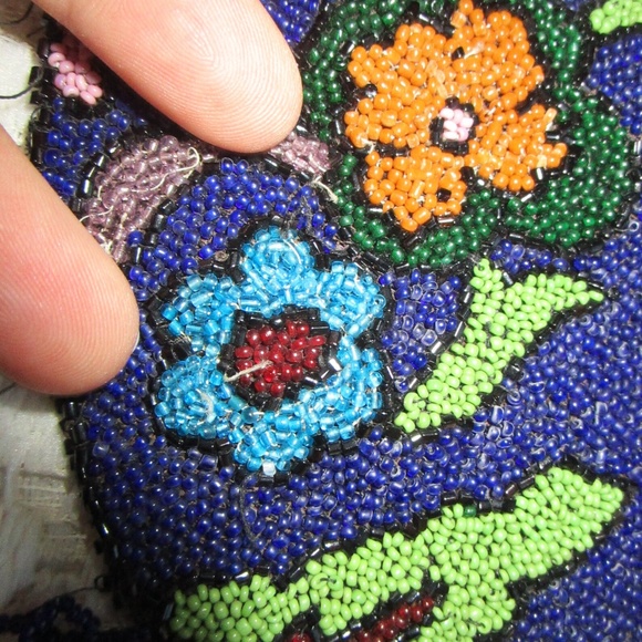 seed-bead Victorian antique handbag in radiant navy with florals ... hand-stitch - Picture 9 of 13